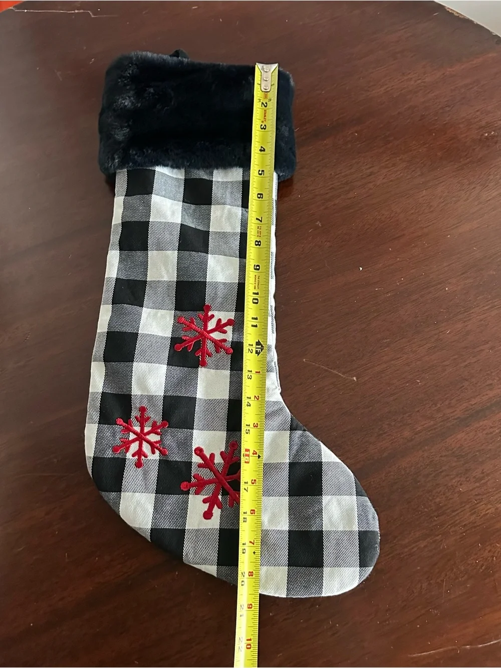 Wendy Bellissimo Holiday Christmas Stocking Red Snowflakes Black White checkered